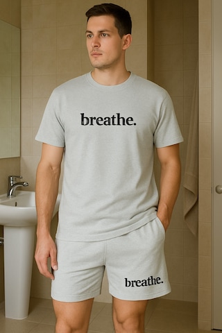 Unisex Breathe Baskılı Bisiklet Yaka Gri T-shirt Gri Şort Gri