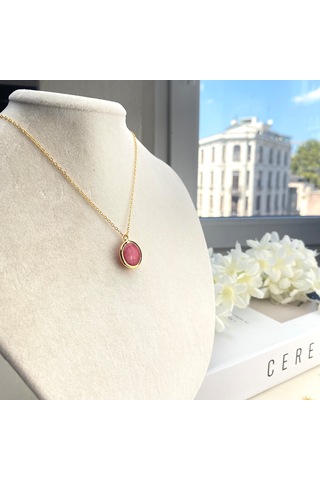 Doğaltaş Kolye Pembe Kuvars Kolye Kaplama Çerçeveli Gold 45cm Gold