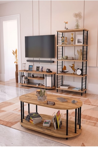 Salon Oturma Odası Takımı Metal Ayaklı Tv Ünitesi Kitaplık Orta Sehpa Avantajlı Mobilya Seti Atlantik Çam
