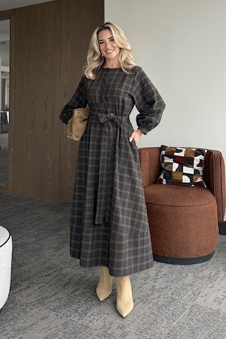 Haki Ekoseli Kuşaklı Uzun Elbise - 1235 Haki