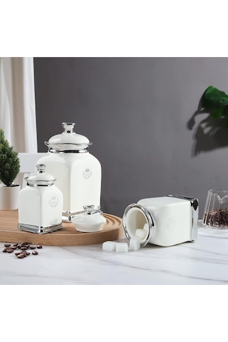 Fanquare Beyaz Seramik Saklama Kapları 3'lü Set, Vintage Ve Dekoratif, Bulaşık Makinesinde Yıkanabilir Çok Renkli