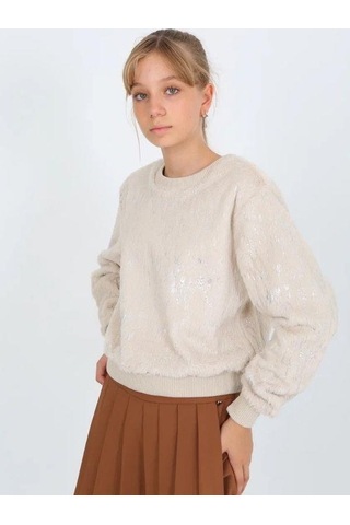 Kız Çocuk Peluş Işıltılı Kazak-14813 Bej