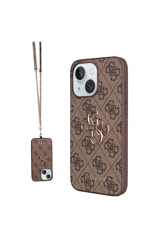 Apple Uyumlu iPhone 15 Plus Kılıf Guess Lisanslı Pu Deri 4g Büyük Metal Logolu Çapraz Vücut Askılı Kapak Kahveren Kahverengi