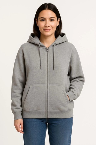 Primemagazam Kadın 3 İplik Pamuklu Kapüşonlu Tam Fermuarlı Kanguru Cepli Sweatshirt Hoodie - Gri Çeşitli