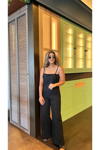 Soonaksesuar Kadın Askılı Yandan Fermuarlı Geniş Paçalı Valencia Tulum Siyah