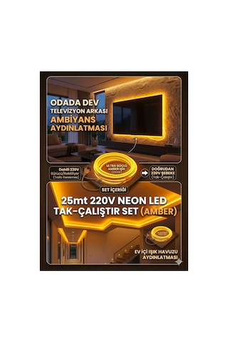 25 Metre Amber 220v Neon Led Şerit ,tak Çalıştır Set, Fişli Esnek Şerit Led, ,turuncu Led,mutfak,tezgah Ledi, Neon Led Şerit Işık ,ambiyans Işık Havuzu, Balkon, Teras Ve Ev İçin Dekoratif Led Amber