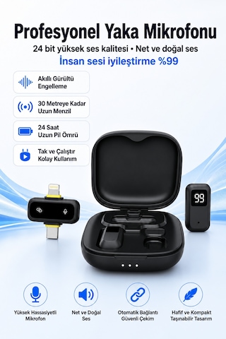 Kablosuz Yaka Mikrofonu 2'li Type-c Lightning Uyumlu Çift Mikrofonlu Gürültü Engelleme Şarj Kutulu