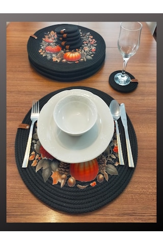 6 Kişilik 12 Parça Amerikan Servis, Hasır Supla Takımı, Tabak Alt Siyah