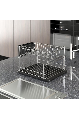 Teknotel İki Kat Modüler Tabaklık Bulaşıklık Krom + Siyah Kb010