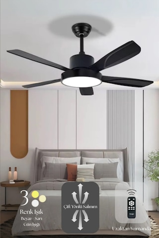 Hoogar German Siyah 110 Cm 5 Kanatlı Süper Sessiz 3 Renk Uzaktan Kumandalı Tavan Vantilatörü Dc Motor