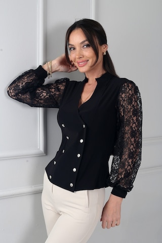 By Saygı Kadın Kolları Dantel Önü Düğmeli Likralı Bluz Siyah