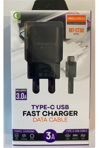 Megatech Mt-ct30 Siyah Qd 3.0a Usb Ev Şarj Kafa+ Type-c Şarj Kablosu