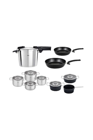 Fissler Vitaquick Premium 6lt Düdüklü Tencere Ve İndiksiyon Tabanlı Cam Kapaklı Tencere Tava Seti Gümüş - Siyah