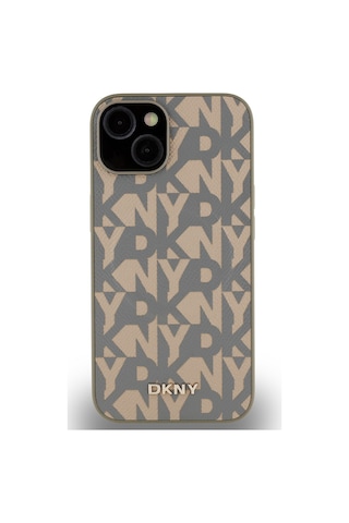 Apple Uyumlu iPhone 15 Kılıf Dkny Lisanslı M-safe Şarj Özellikli 3d Yazılı Grid Pattern Kapak Kahverengi