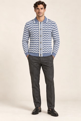 Tarz Cool Erkek Polo Yaka Zikzak Desenli Düğmeli Triko Hırka Akrilik Karışımlı Slim Fit Mavi