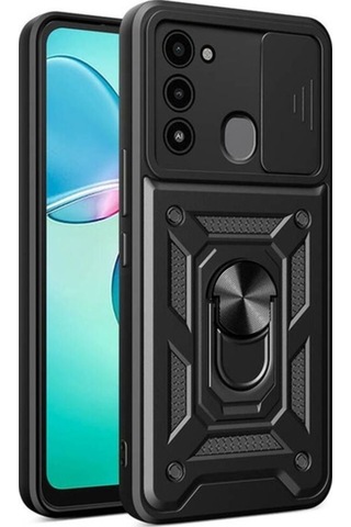 Tecno Spark 8c Kılıf Magnetik Standlı Kamera Korumalı Zore Sürgülü Vega Kapak Siyah