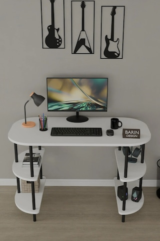 120 Cm Çalışma Masası Bilgisayar Masası 2 Raflı Kitaplık Ofis Ders Masası Ahşap Metal Ayaklı Beyaz