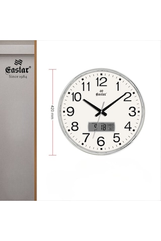 Eastar A5602 S Dev Boy 42 Cm Takvim Ve Sıcaklık Göstergeli Duvar Saati Gümüş