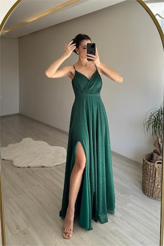 Neşeli Butik Kadın Işıltılı Askılı Yırtmaç Detayı Şifon Abiye Elbise Nm002 Zümrüt Yeşili