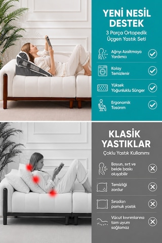 Ortopedik Üçgen Yastık Seti 3 Parça Sırt Bel Boyun Destek Minderi Ayarlanabilir Yıkanabilir Kılıflı Beyaz