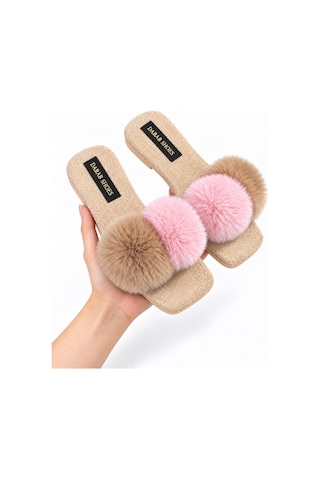 Dabab Shoes Pomella Kadın Bej Çift Ponponlu Peluş Bantlı Kaymaz Tabanlı Önü Açık Ev Terliği