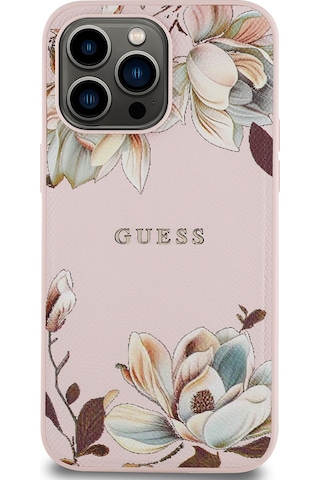Apple Uyumlu iPhone 14 Pro Max Kılıf Guess Lisanslı M-safe Özellikli Taneli Çiçek Tasarımlı Metal Logolu Pembe
