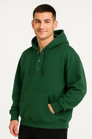 Mbb E-ticaret Erkek Kapüşonlu Hoodie Cepli Çıtçıtlı 3 İplik Pamuklu Sweatshirt - Haki