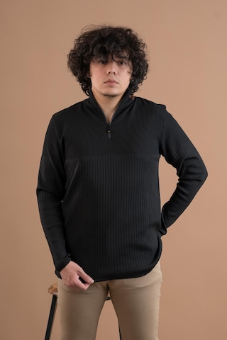 Fermuar Yaka Yarım Balıkçı Likralı Erkek Sweatshirt Siyah