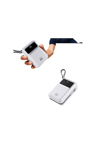 Lenyes C03-a Dijital Led Göstergeli Type-c Ve Lightning Kablolu Powerbank 45w 10.000mah Gümüş Gümüş
