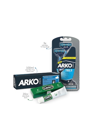 Arko Men T3 Pro3 Tıraş Bıçağı 3'lü + Arko TIraş Kremi Cool 100 ML + Arko Klasik Krem 20 ML