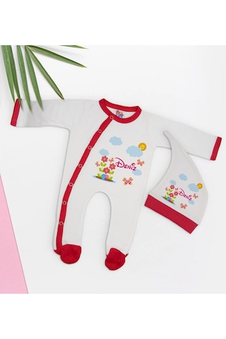 Bk Kids Kişiye Özel Çiçek Tasarımlı Kırmızı Tulum Zıbın Ve Kukuletalı Şapka Seti-3 Çok Renkli