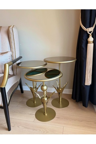 Flora Model 3lü Metal Mat Gold Zigon Sehpa Ayna Yüzey Altın