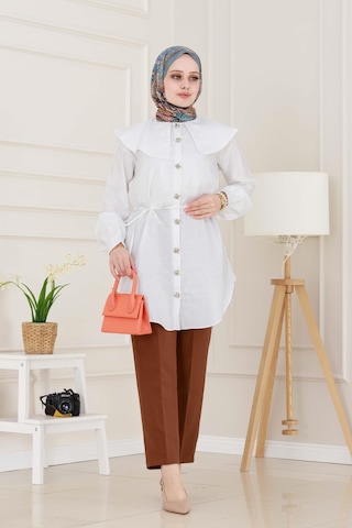 Sevitli Beli Bağcık Detaylı Geniş Yaka Tunik-beyaz-4991 Beyaz