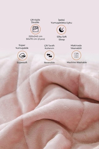 Evlen Home Kapitone Kadife Yatak Örtüsü Seti Çift Kişilik Supersoft 3 Parça Yumuşak Elyaf Dolgulu Pudra Pudra
