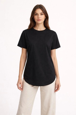 Wear Vexel Kadın Basic T-shirt Kısa Kol Bisiklet Yaka Oval Kesim Tişört - Siyah Siyah