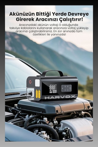 Harvox Jump Starter Akü Takviye Cihazı 10 İn 1 Powerbank, Hava Kompresörü, Lcd Ekran,12.000mah