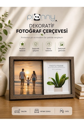 Pionny 2 Fotoğraflı Büyük Boy Sürgülü Dekoratif Ahşap Çerçeve 13x18 Cm Koyu Kahve
