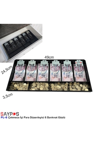 Metal Mandallı Rampalı Çekmece İçi Para Düzenleyici 6 Banknot 4 Bozuk Para Gözlü 49x24,5x3,5cm