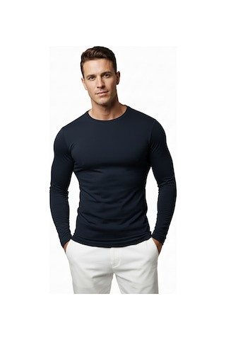 Deepsea Lacivert Dar Kalıp Likralı %90 Pamuk Erkek Sweatshirt Vücuda Oturan İnce Penye Sweat 2300423 Lacivert