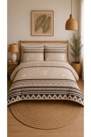 Çift Kişilik Nevresim Takımı %100 Pamuk 200x220 Lastikli Çarşaflı 160x200 Bej - Kahve