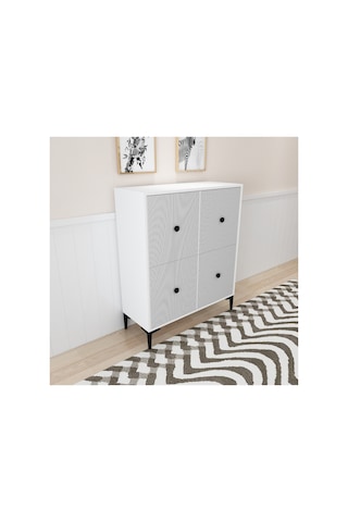 Ece 90 Cm , Lazer Desenli 4kapaklı 4 Raflı Ayakkabılık, Çok Amaçlı Dolap, Banyo Dolabı Beyaz Beyaz