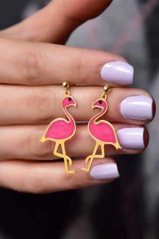 925 Ayar Gümüş Gold Kaplama Parlayan Rüya Serisi Tasarım Ebruli Cam Boyalı Flamingo Küpe