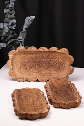 Bambum 3 Parça Pavlonya Noir Dalgalı Kenar Ahşap Sunum Seti Yuvarlak Ve Dikdörtgen Ayaklı Servis Tabaklar Ahşap