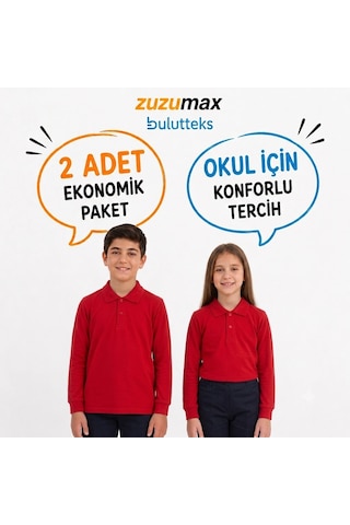 Bulutteks Okullu 2adet Polo Yaka Kırmızı Uzunkol Okul Tişört Kıyafetleri Üniforması Çocuk Genç
