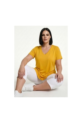 Hanezza Kadın Büyük Beden V Yaka Yanı Yırtmaçlı Pamuklu Viskon T- Shirt Serifikalı Kumaş Sarı/v1 - 30798238 Sarı/v1