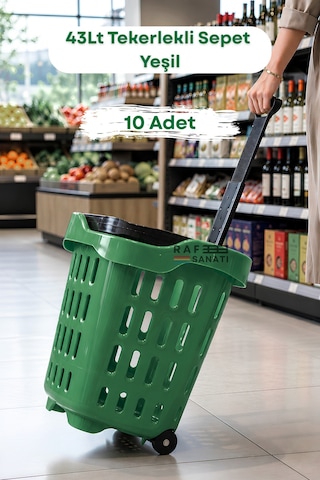 10 Adet - 43 Lt Tekerlekli Market Sepeti Plastik Alışveriş Sepeti Ergonomik Çift Saplı Yeşil
