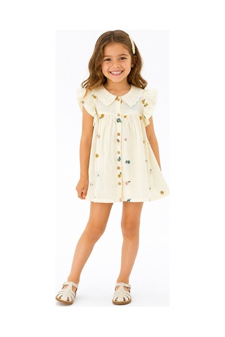 Eray Alp Kids Kız Çocuk Bej Çiçekli Müslin Elbise Yazlık Günlük Model