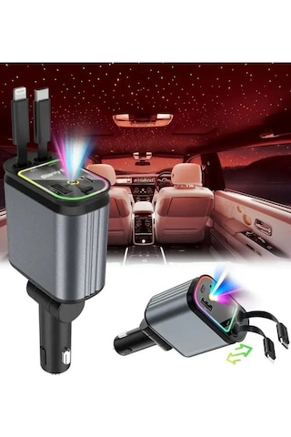 Acc-01 Rgb Işıklı Araç Şarj Cihazı 66w Hızlı Şarj 4'ü 1 Arada Geri Çekilebilir Kablo Yıldızlı Tavan Işığı Özelliği