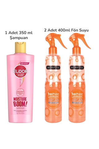 Elidor Collagen Blends Sülfatsız Saç Bakım Şampuanı Moisture Boom Yoğun Nem Terapisi 350 Ml + Morfose Argan Yağlı Fön Suyu Turuncu 400 Ml 2 Adet
