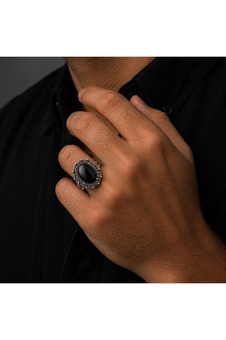 Nur Silver Oval Siyah Oniks Erkek Yüzük 925 Ayar Gümüş Yüzük - Nur-yz83520